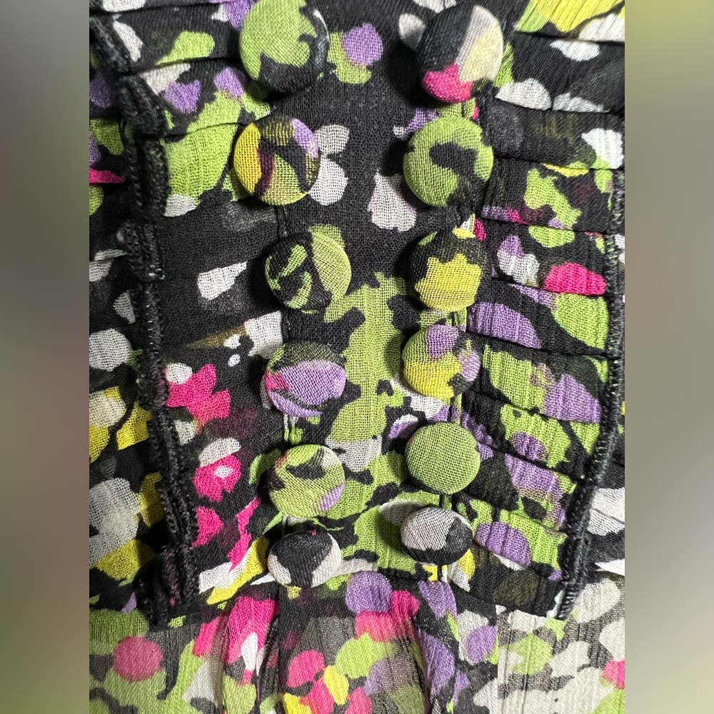 💫 Apostrophe short sleeve modest sheer ruffle front multicolor blouse - Picture 8 of 16